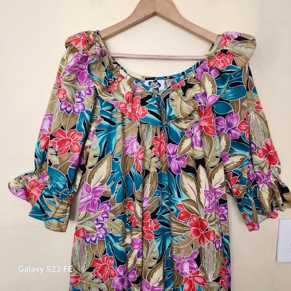 Hilo Hattie Floral Maxi Dress Women Size L Multicolor Tropical Hibiscus Ruffle - Picture 6 of 10